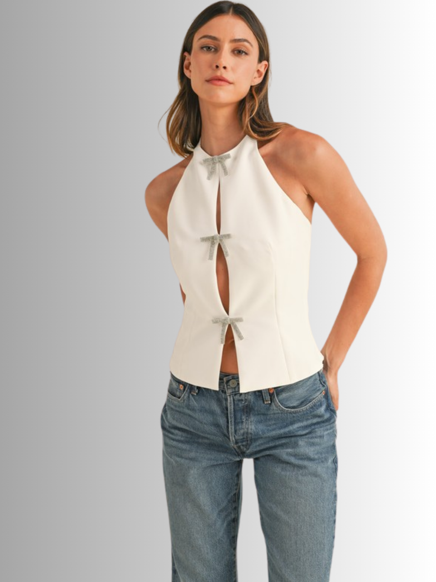 MELANIA | Crystal Bow Halter Top