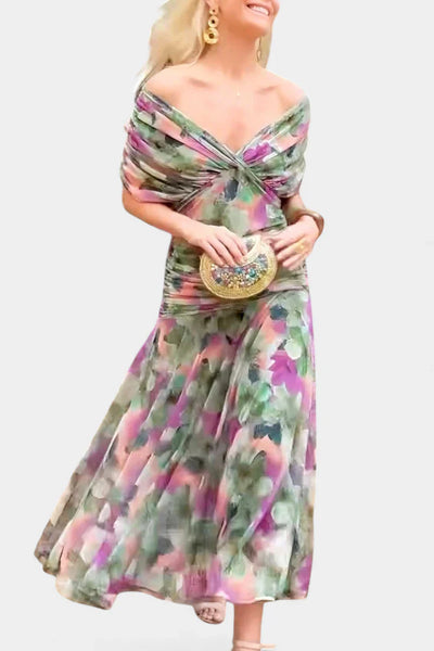 dilavora® - Lang kjole med fantasifullt blomstertrykk og V-hals